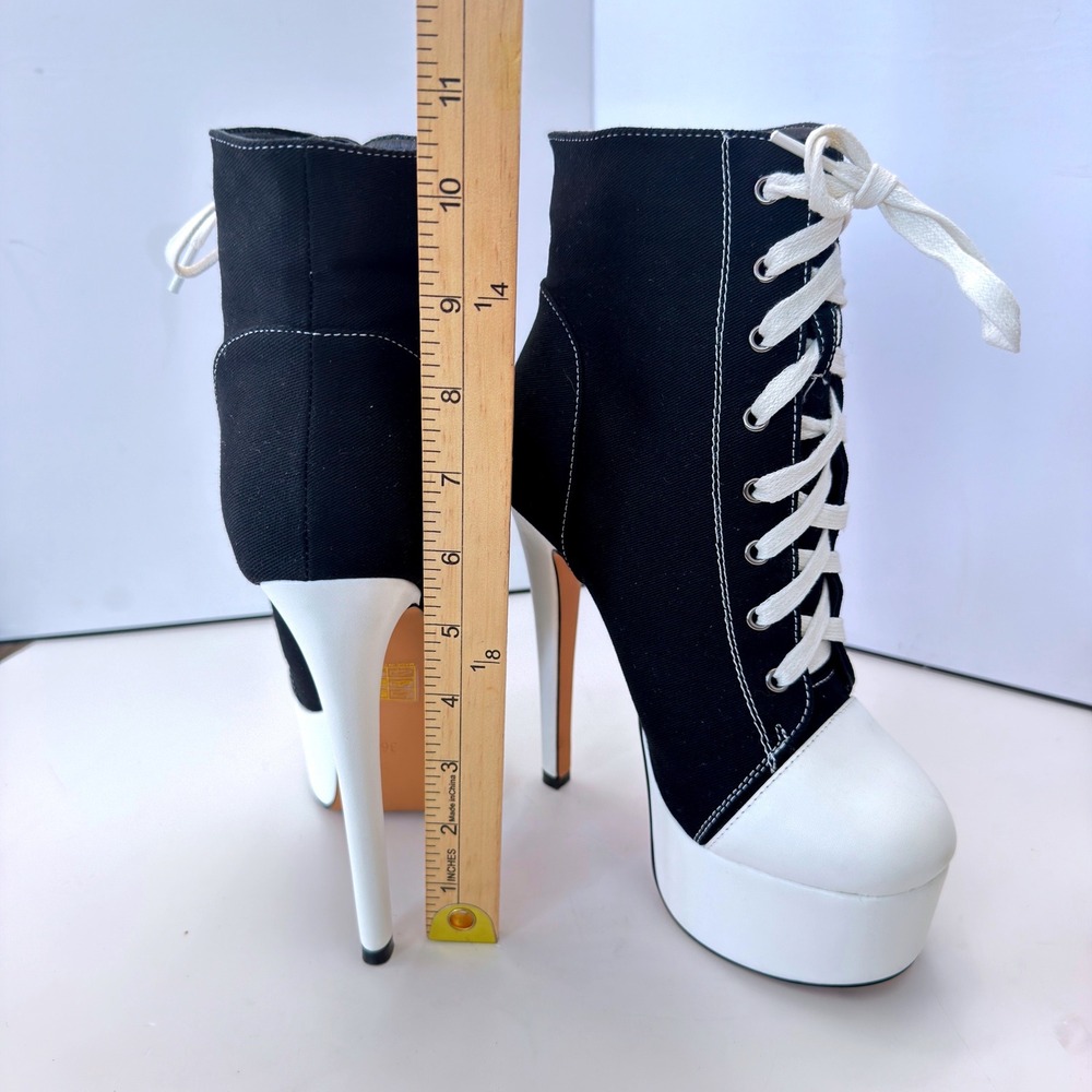 Black Canvas Lace Up Platform Stiletto Ankle Sneaker White Contrast Stitch Sz 36